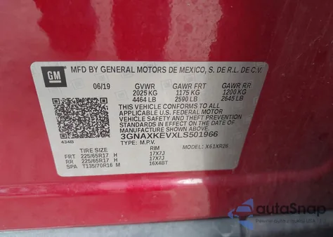 2020 Chevrolet Equinox Fwd Lt 1.5L Turbo z USA, uszkodzony, nr VIN 3GNAXKEVXLS501966